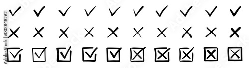 Check tick mark icon set, hand drawn cross box x check mark checkbox v, sketch marker checklist symbol right and wrong set, brush marker checklist symbol
