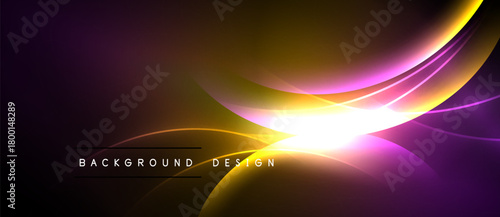 Abstract background features vibrant curves, golden glow, purple hues. Modern design evokes energy, dynamism, sleekness.