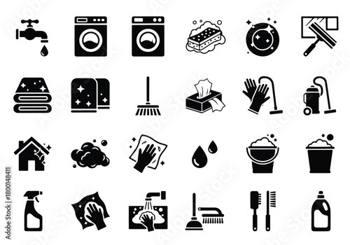 Cleaning supplies and home maintenance icons set - Vector icon symbol for website - Icon vector - Blue icon vector - Line and glyph solid icon set