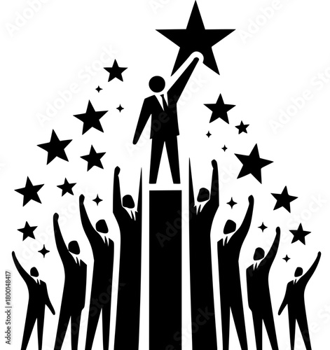 Reaching for the Stars: An illustration of a determined leader reaching towards a star, inspiring a team to strive for excellence.