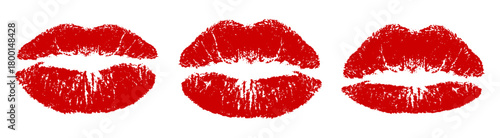 Red imprint kiss marks set, lipstick lips print, beauty cosmetic concept, love symbol