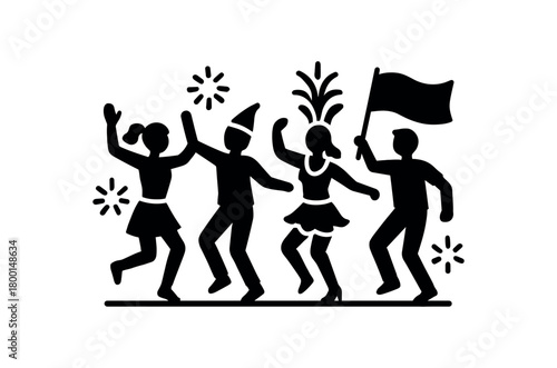 people dancing parade flat black solid vector illustration isolated on white background