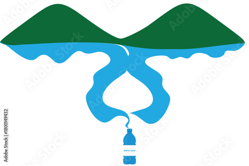 Pure Natural Water Source Flowing from Mountains into Bottle of mineral water. Concept for nature, ecology, clean water, and bottling.