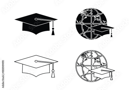 Graduation caps and globes education symbols - Vector icon symbol for website - Icon vector - Blue icon vector - Line and glyph solid icon set