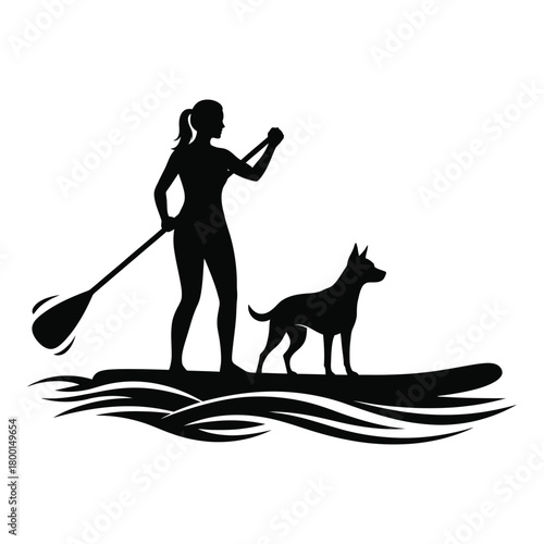 Woman paddle boarding with her dog a silhouette vector design