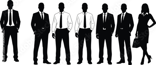 Business group silhouette, corporate professionals, office attire, leadership concept, career diversity, black vector, formal team, unity pose, workplace image