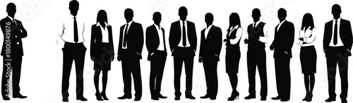 WebBusiness professional silhouettes, corporate team, formal attire, suits and skirts, standing posture, black vector illustration, office people, leadership, diversity, teamwork