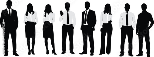 Business professionals silhouette, corporate attire, office team, career diversity, mobile phone pose, black vector, formal group, standing illustration