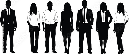 Business team silhouette, male female mix, corporate attire, career diversity, leadership concept, black vector, formal group, unity pose