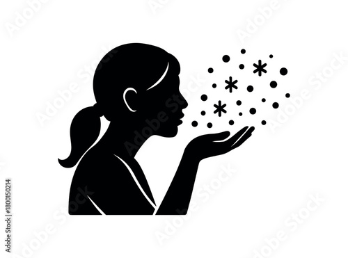 woman blowing confetti from hands flat black solid vector illustration isolated on white background