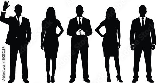 Business team silhouette, male female professionals, corporate attire, leadership pose, unity concept, career diversity, vector illustration, formal group