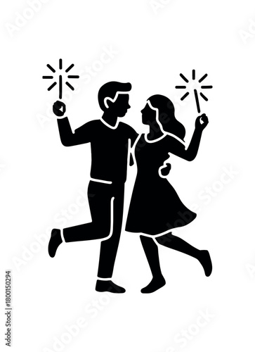 couple dancing with sparklers flat black solid vector illustration isolated on white background