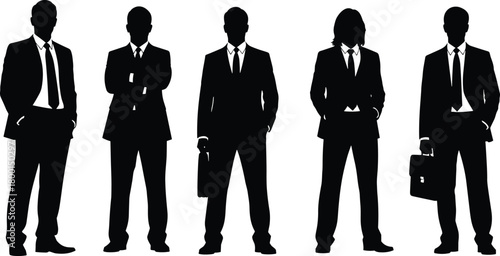 Business team silhouettes, formal suits, briefcases, professional posture, corporate identity, black vector illustration, leadership concept, teamwork, office attire, standing figures