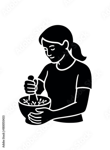 woman grinding dried herbs mortar flat black solid vector illustration isolated on white background