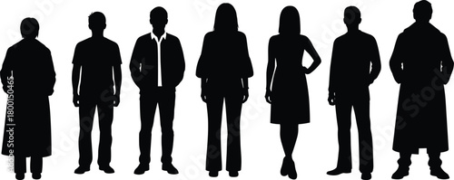 Human silhouette lineup, posture variation, clothing styles, black vector, identity concept, fashion diversity, standing pose, design illustration, comparison art