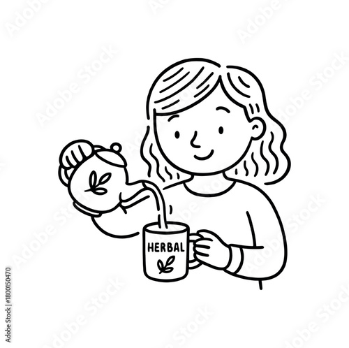 handdrawn cute doodle style woman pouring herbal infusion vector line illustration