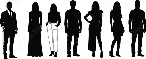 Fashion silhouette lineup, clothing diversity, posture variation, black vector, identity concept, style contrast, standing pose, design illustration