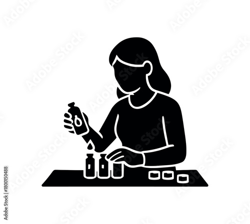 woman filling small vials with oil flat black solid vector illustration isolated on white background