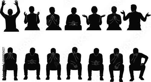 Silhouettes of people sitting and gesturing, expressive body language poses, communication concept, emotional expressions, isolated black figures