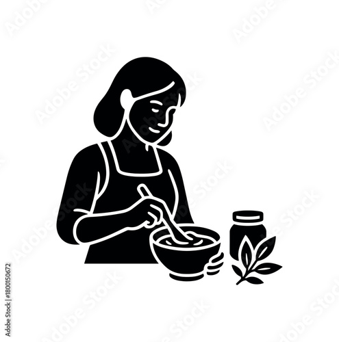 woman mixing herbal cream bowl flat black solid vector illustration isolated on white background