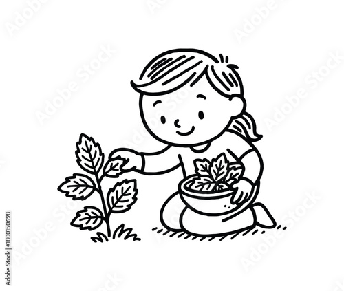 handdrawn cute doodle style person collecting mint leaves vector line illustration