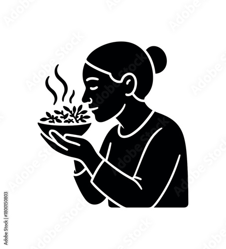 herbalist smelling freshly dried herbs flat black solid vector illustration isolated on white background