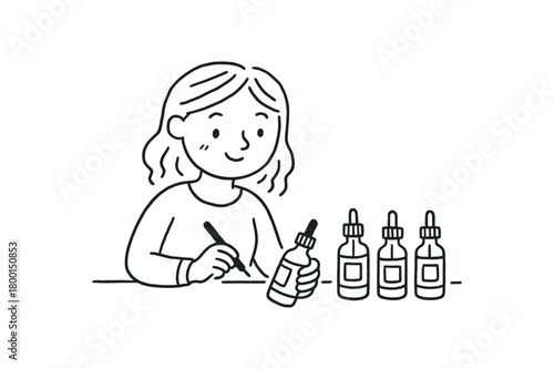 handdrawn cute doodle style woman labeling tincture bottles vector line illustration