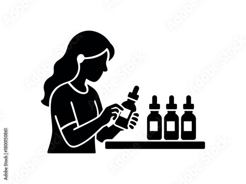 woman labeling tincture bottles flat black solid vector illustration isolated on white background