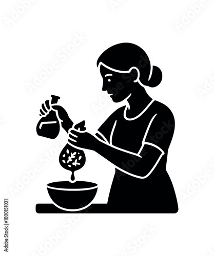 woman filtering herbal oil through cloth flat black solid vector illustration isolated on white background