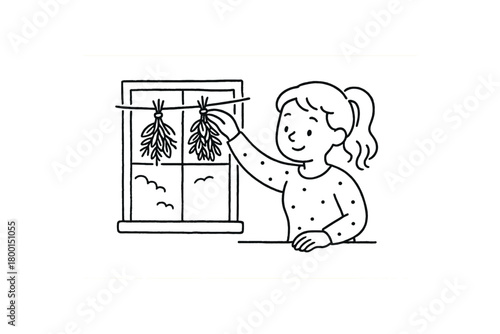 handdrawn cute doodle style woman placing herbal bundles near window vector line illustration