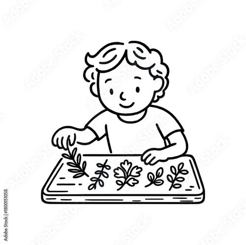 handdrawn cute doodle style person arranging herbs on wooden tray vector line illustration