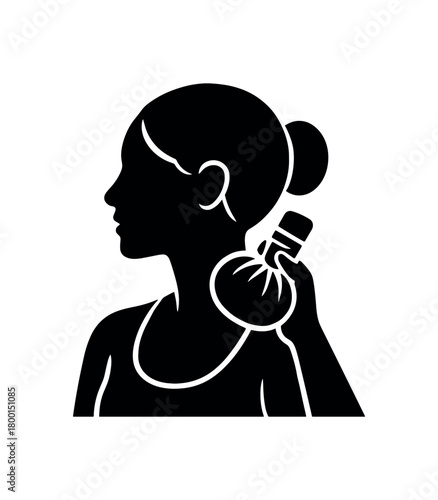 woman applying herbal compress to neck flat black solid vector illustration isolated on white background