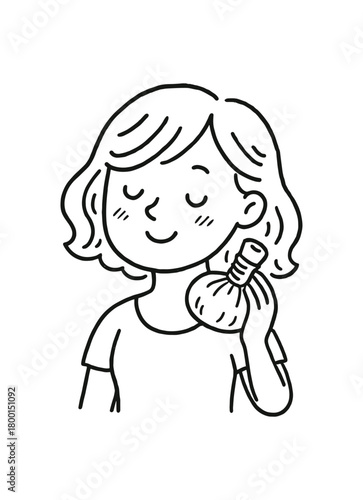 handdrawn cute doodle style woman applying herbal compress to neck vector line illustration