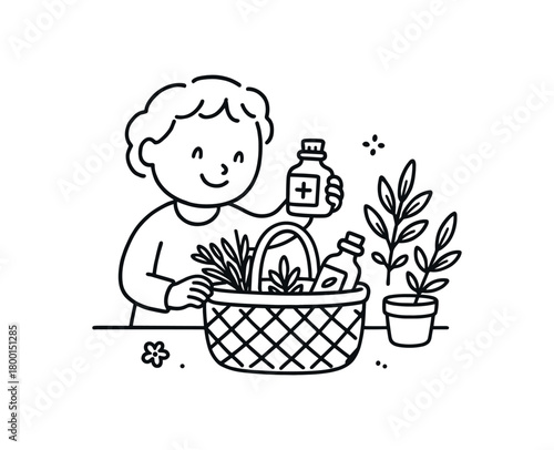 handdrawn cute doodle style person packing herbal remedies basket vector line illustration