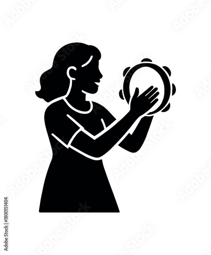 woman playing tambourine flat black solid vector illustration isolated on white background