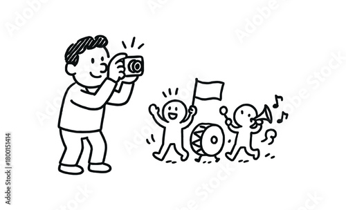 handdrawn cute doodle style taking photo of parade vector line illustration