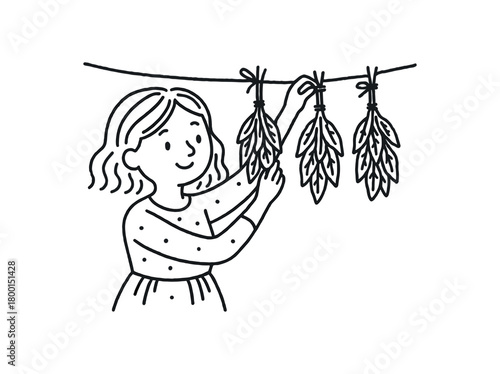 handdrawn cute doodle style woman hanging bunches of sage to dry vector line illustration