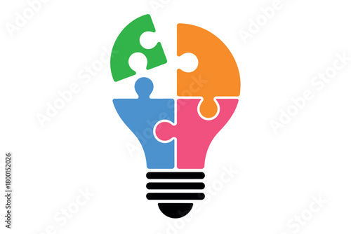 A lightbulb composed of puzzle pieces represents a creative idea or solution.