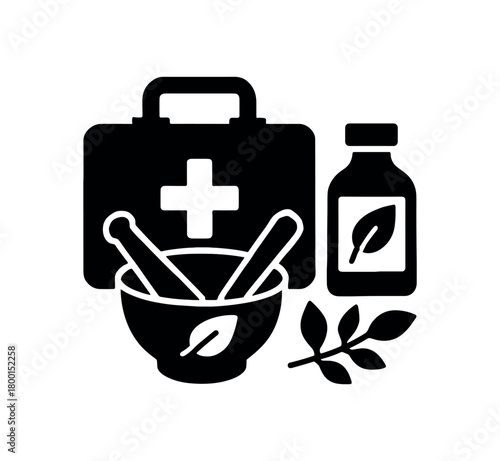 herbal remedy kit flat black solid vector illustration isolated on white background