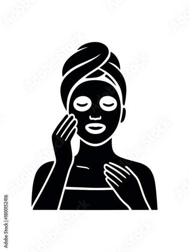 woman applying face mask flat black solid vector illustration isolated on white background