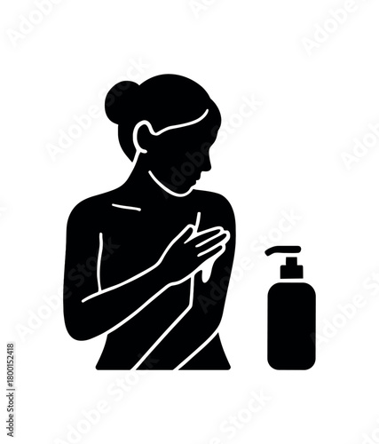 woman applying body lotion flat black solid vector illustration isolated on white background