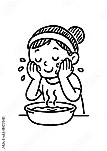 handdrawn cute doodle style person washing face with warm water vector line illustration