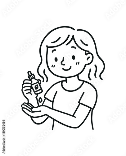 handdrawn cute doodle style woman applying essential oil to wrists vector line illustration
