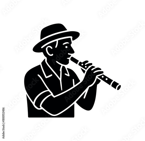 playing folk flute flat black solid vector illustration isolated on white background