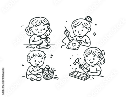 handdrawn cute doodle style children learning traditional crafts vector line illustration
