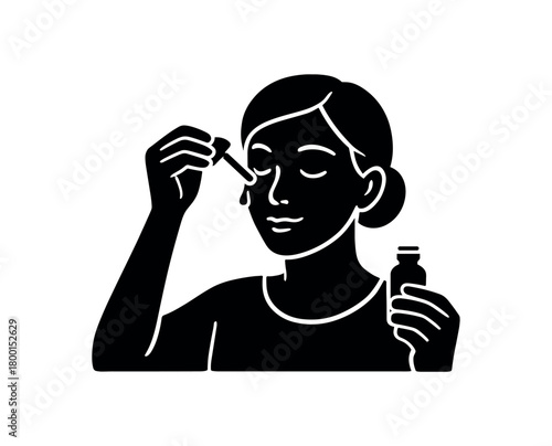 woman applying serum with dropper flat black solid vector illustration isolated on white background