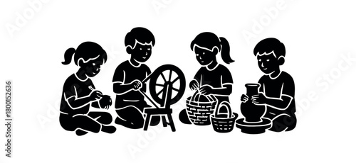 children learning traditional crafts flat black solid vector illustration isolated on white background