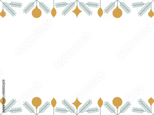 A festive border of evergreen branches and ornaments adorns the top and bottom of a white background.