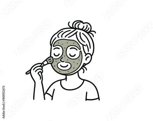 handdrawn cute doodle style woman applying clay mask with brush vector line illustration