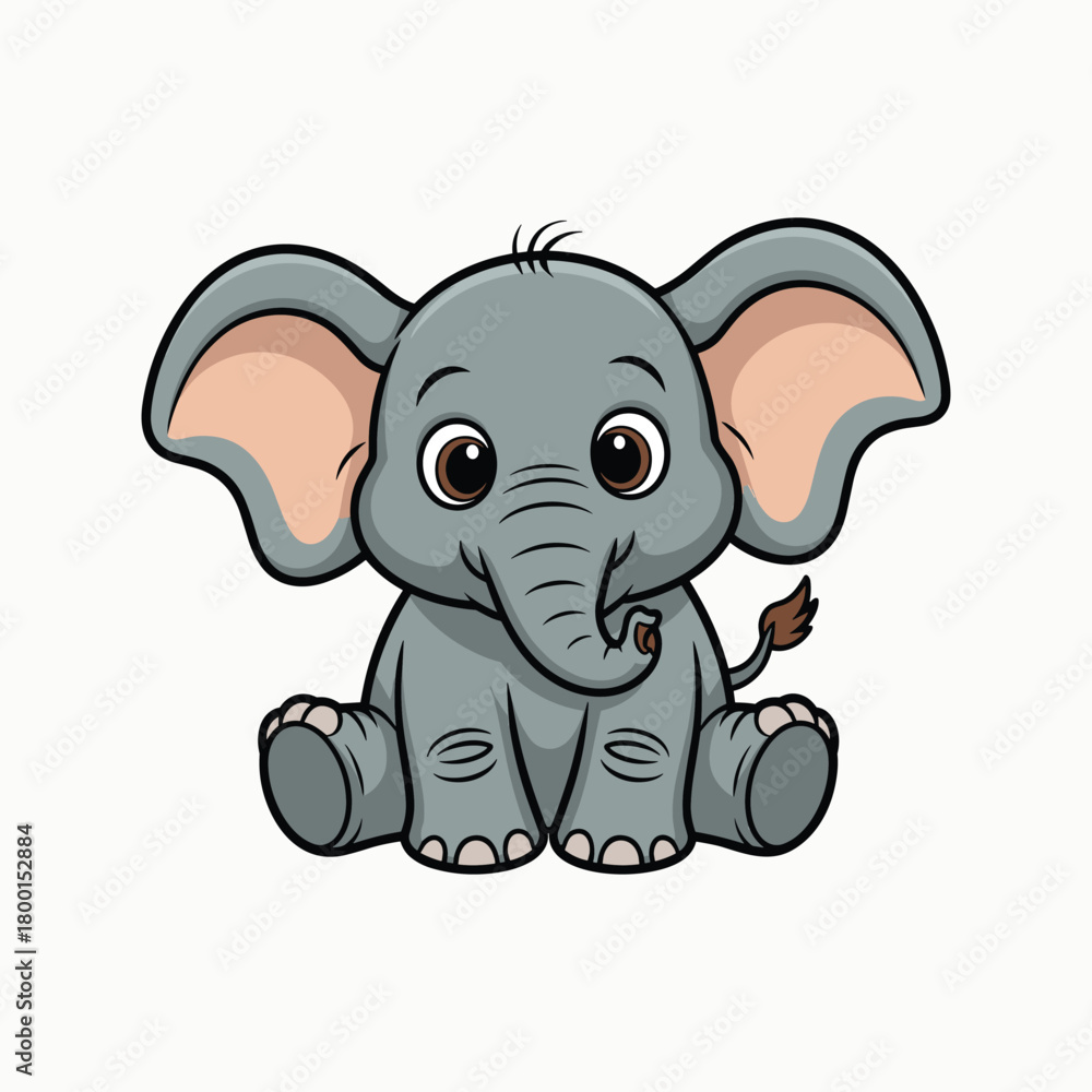 Naklejka premium Cute cartoon baby elephant sitting with large ears and big brown eyes animal